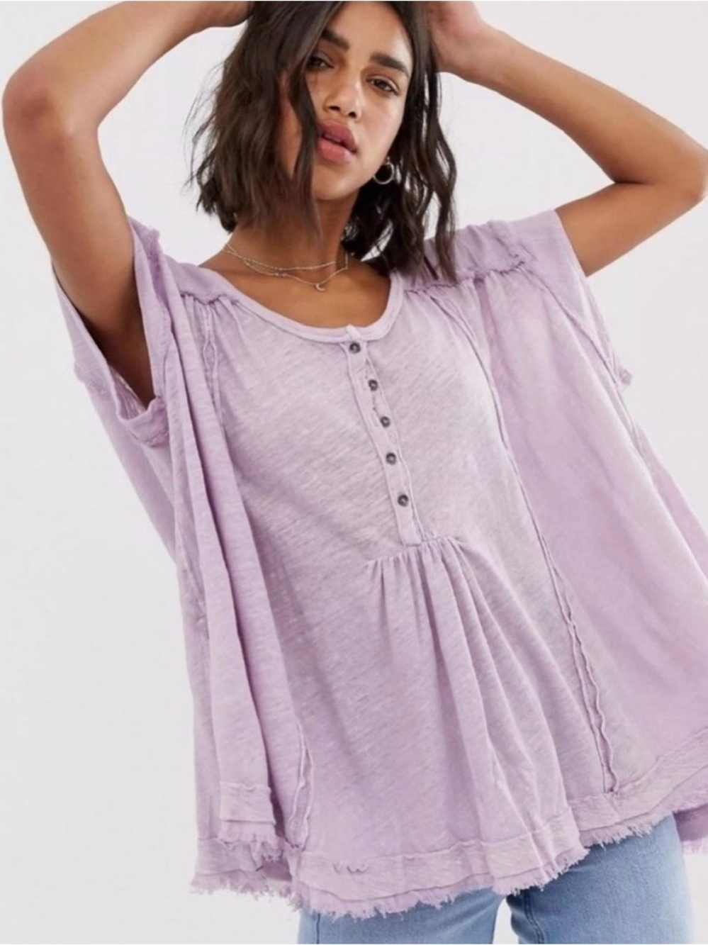 Free People Aster Henley Washed Lilac Button-Front Peasant Tunic